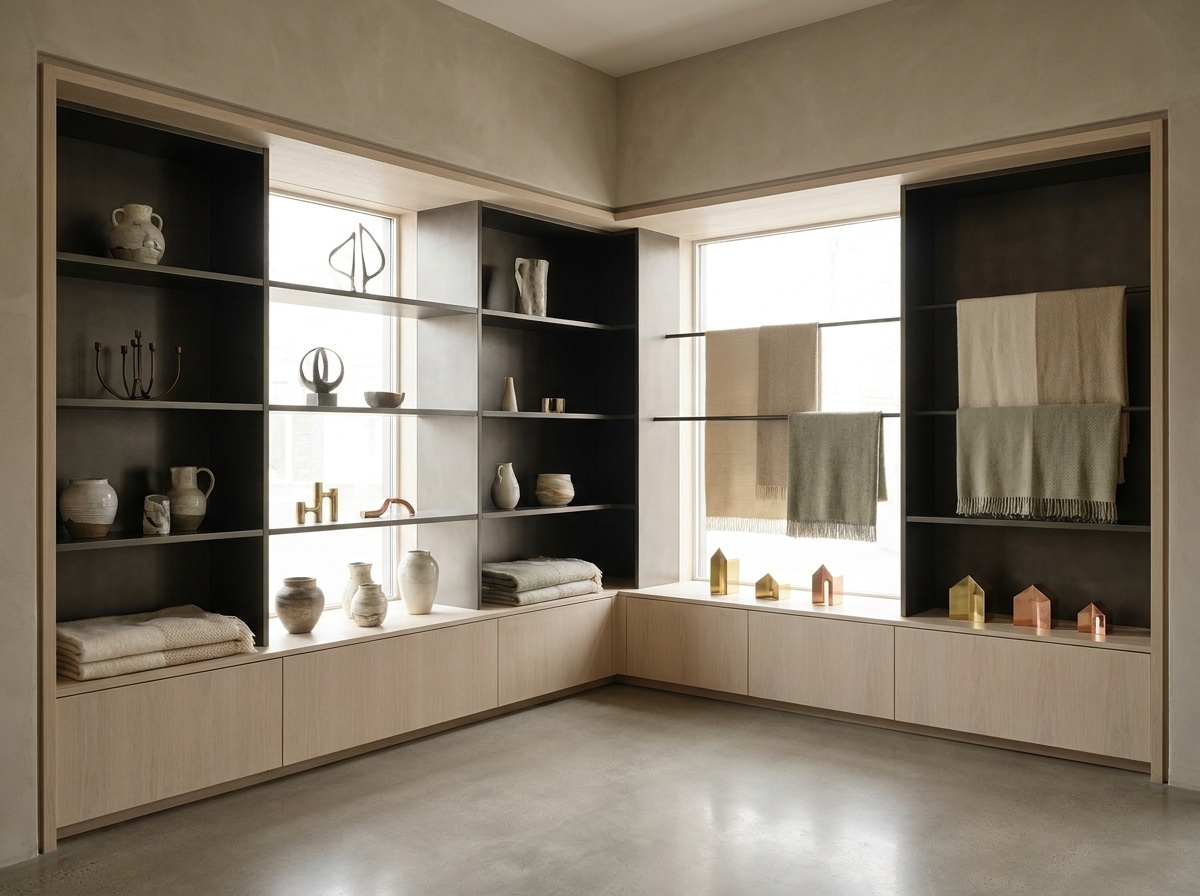 A minimalist interior design showroom with built-in shelving displaying home decor items like vases, sculptures, and folded textiles, with natural light streami